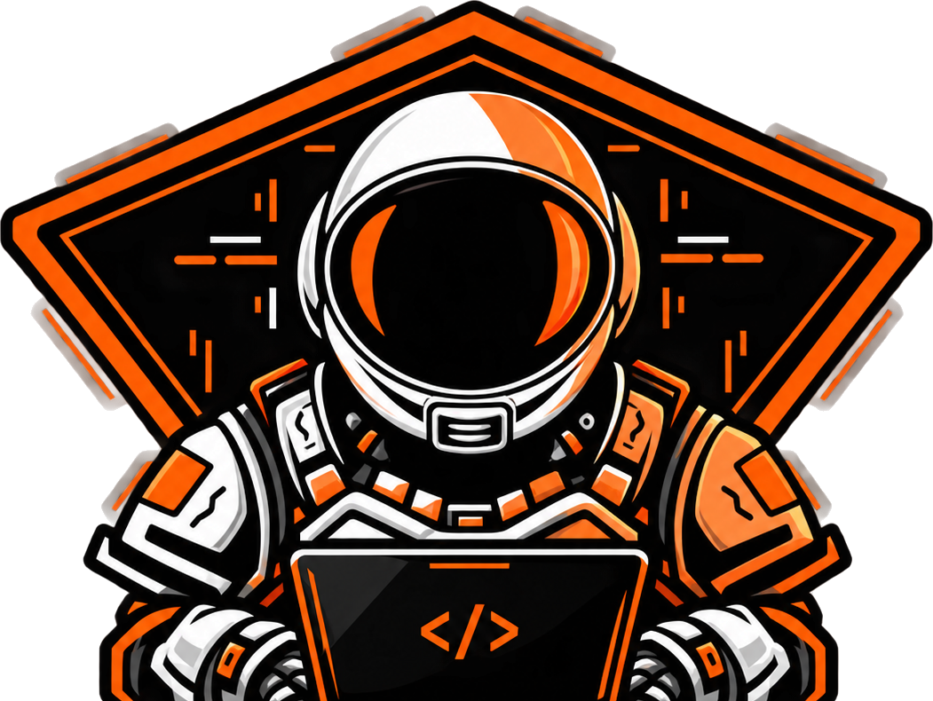 spacedev astronaut engineer at a laptop marked with a code symbol
